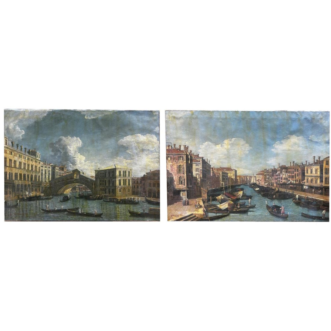 Lot of 2 Old Signed Paintings Oil on Canvas: Lot of 2 Old Signed Paintings Oil on Canvas. "Views of Venice". Both Signed Lower Left. Unframed. Condition: Generally Good. Dimensions: Larger-36" x 24". Provenance: From a Long Island, NY Home. Plea