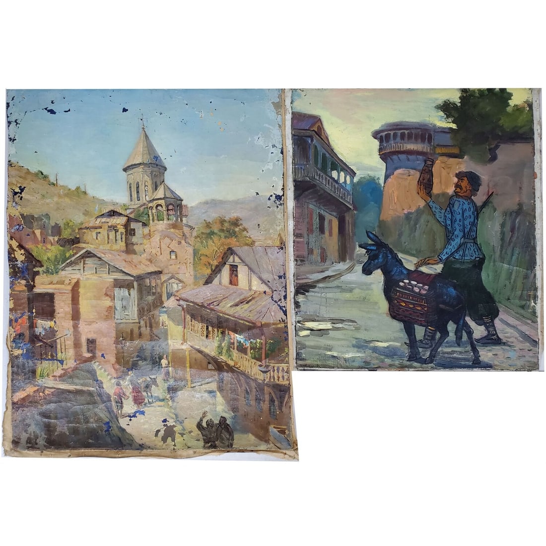 Lot of 2 Russian Paintings Oil on Canvas: Lot of 2 Russian Paintings Oil on Canvas "Old Tbilisi, Georgian Cityscape" & "Turkish Peddler w/ a Donkey". Both Are Unsigned, Unframed & Removed From Stretcher. Condition: With Paint Loss. As Found. 