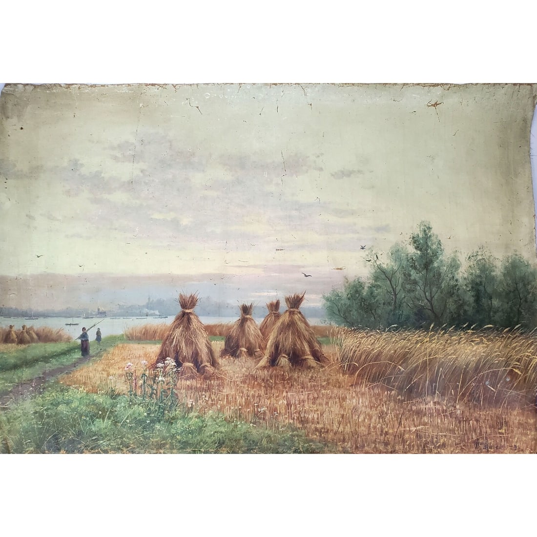 Antique Russian Signed Painting Oil on Canvas 1898: Very Large Antique Russian Signed Painting Oil on Canvas "Farm Scene w/ Haystacks". Signed Lower Right & Dated '98. Unframed & Removed From Stretcher. Condition: As Found. Dimensions: 54" x 38". Prove
