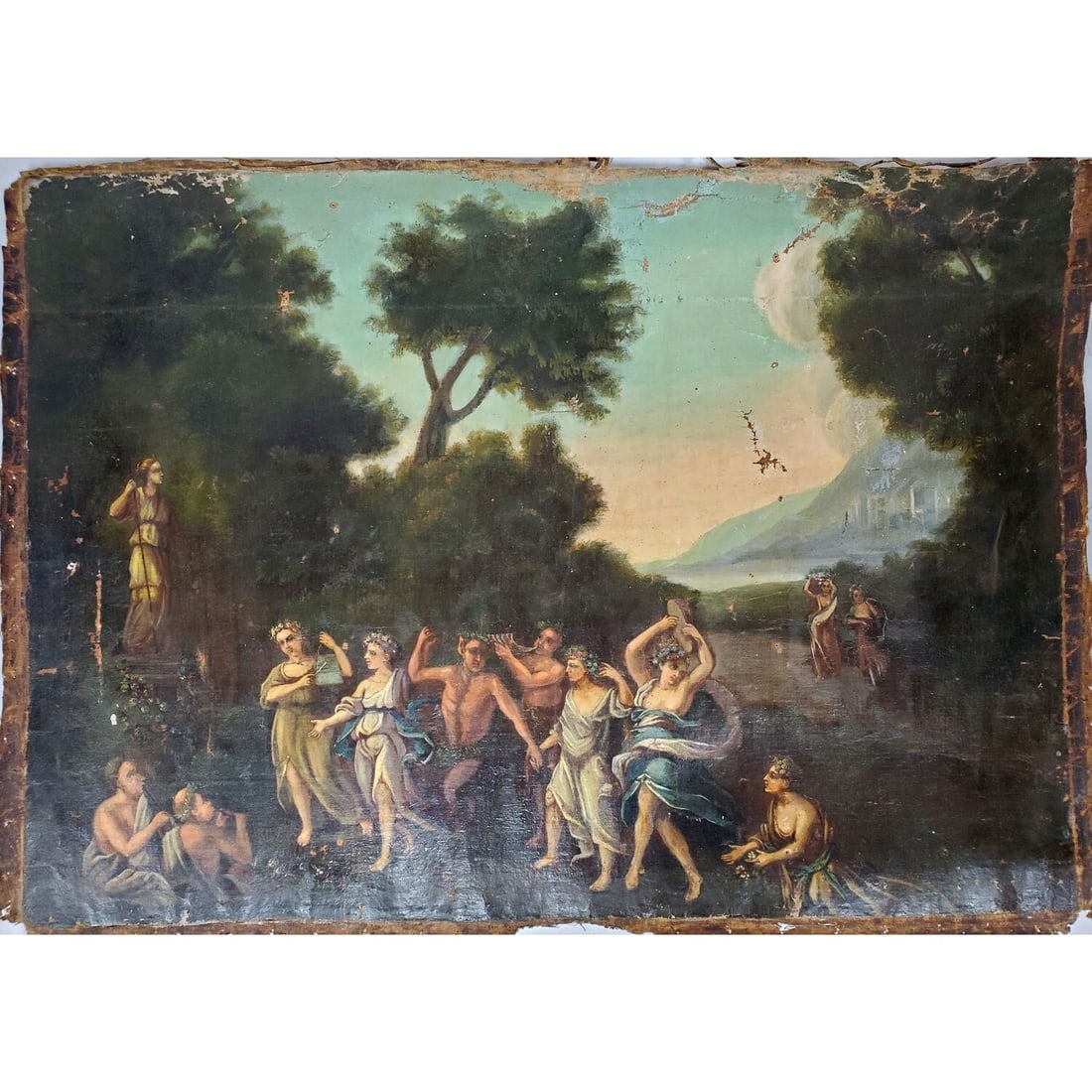 Antique 18th C. Large Painting Oil on Canvas: Antique 18th C. Large Painting Oil on Canvas "Nymphs At The Bath". Probably French or Italian. Unframed & Removed From Stretcher. Condition: Poor w/ Losses, Holes & Creases. As Found. Dimensions: 43" 