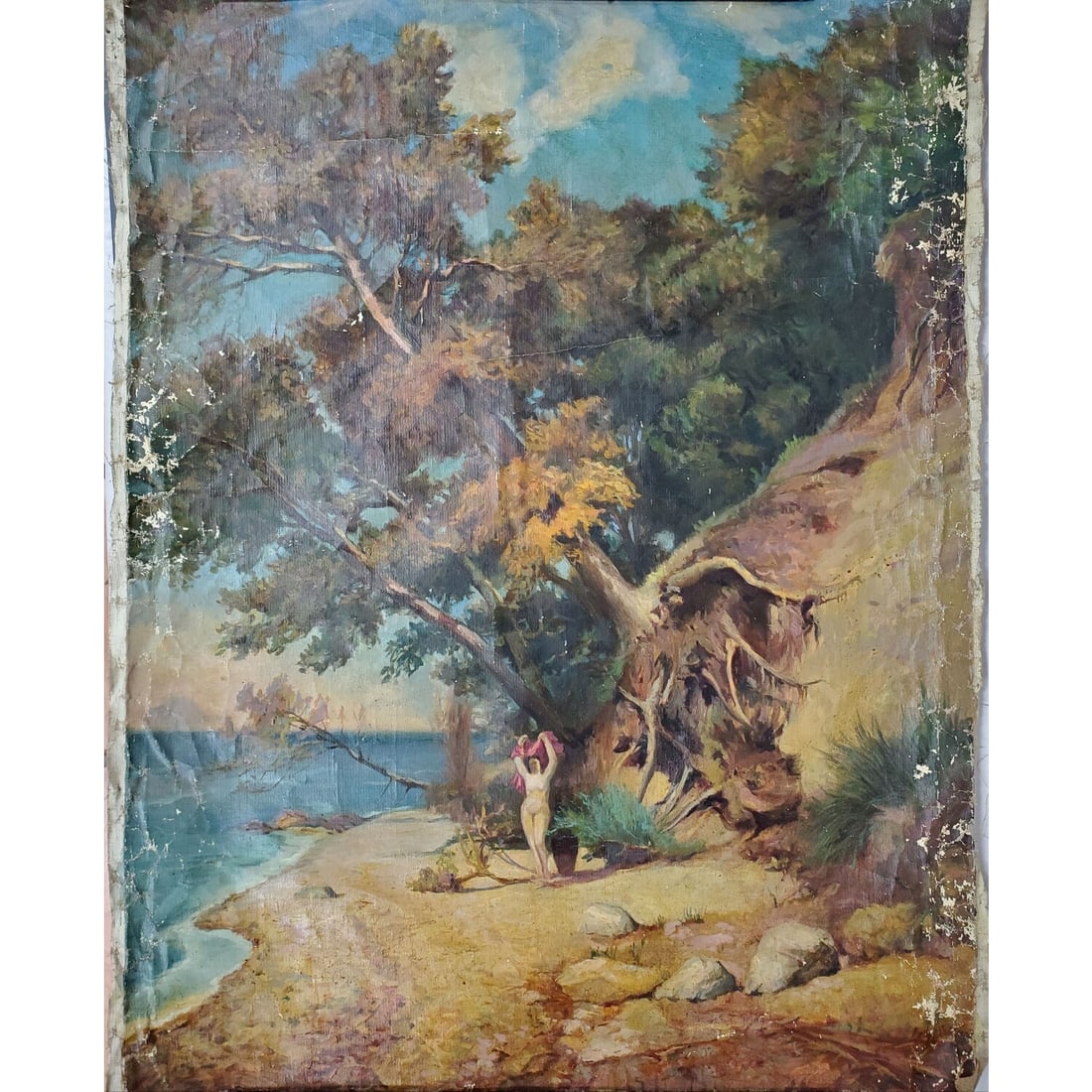 Large Old Russian Painting Oil on Canvas: Large Old Russian Painting Oil on Canvas "Nude at the Beach". Unsigned, Unframed & Removed From Stretcher. Condition: Poor. As Found. Dimensions: 45" x 34". Provenance: From a Long Island, NY Home. Pl