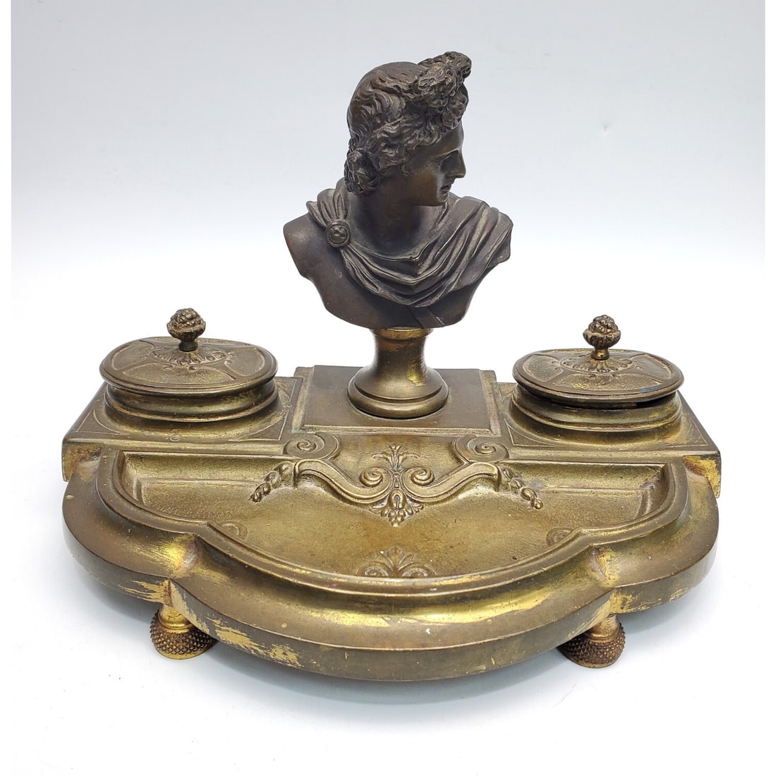 Antique French Napoleonic Inkwell: Antique French Napoleonic Bronze or Brass Inkwell & Pen Holder. Condition: Generally Very Good. Missing The Glass Wells. Dimensions: L-8.5" x W-5.75" x H-5.75". Provenance: From a Long Island, NY Home