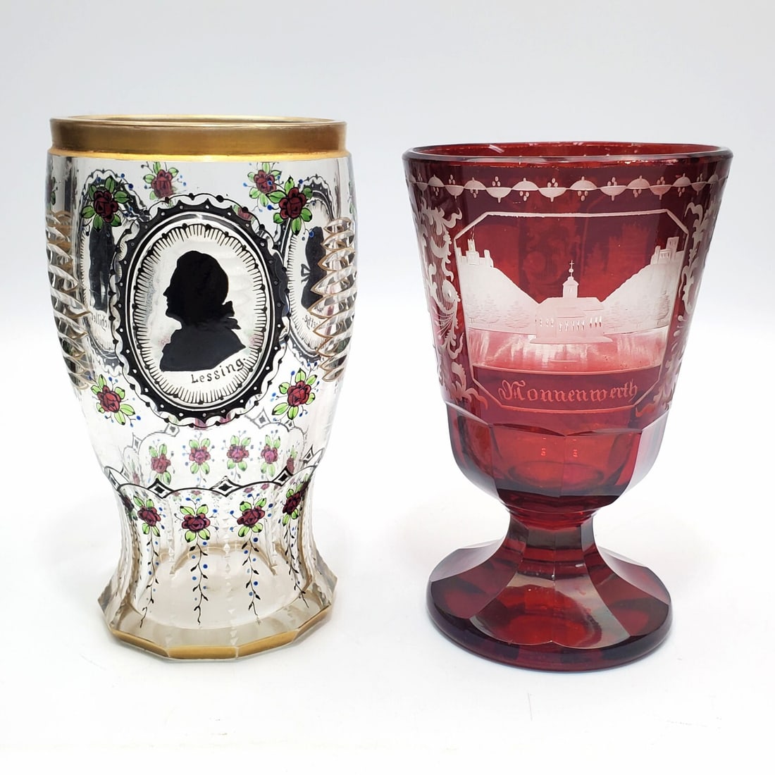 Lot of 2 Antique Bohemian Art Glass Goblets (1 of 3)