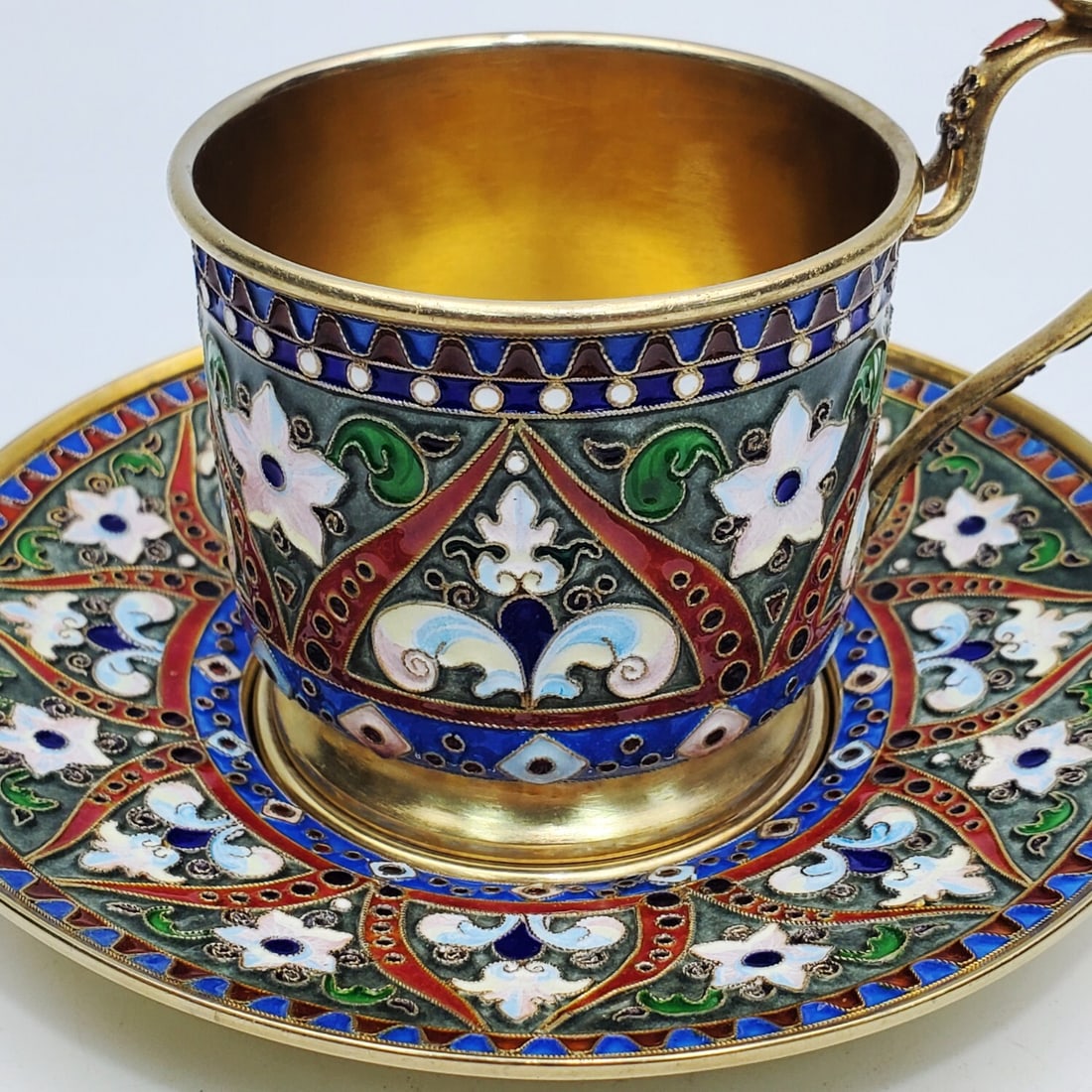Russian Enameled & Gilt 84 Silver Tea Cup & Saucer - 2