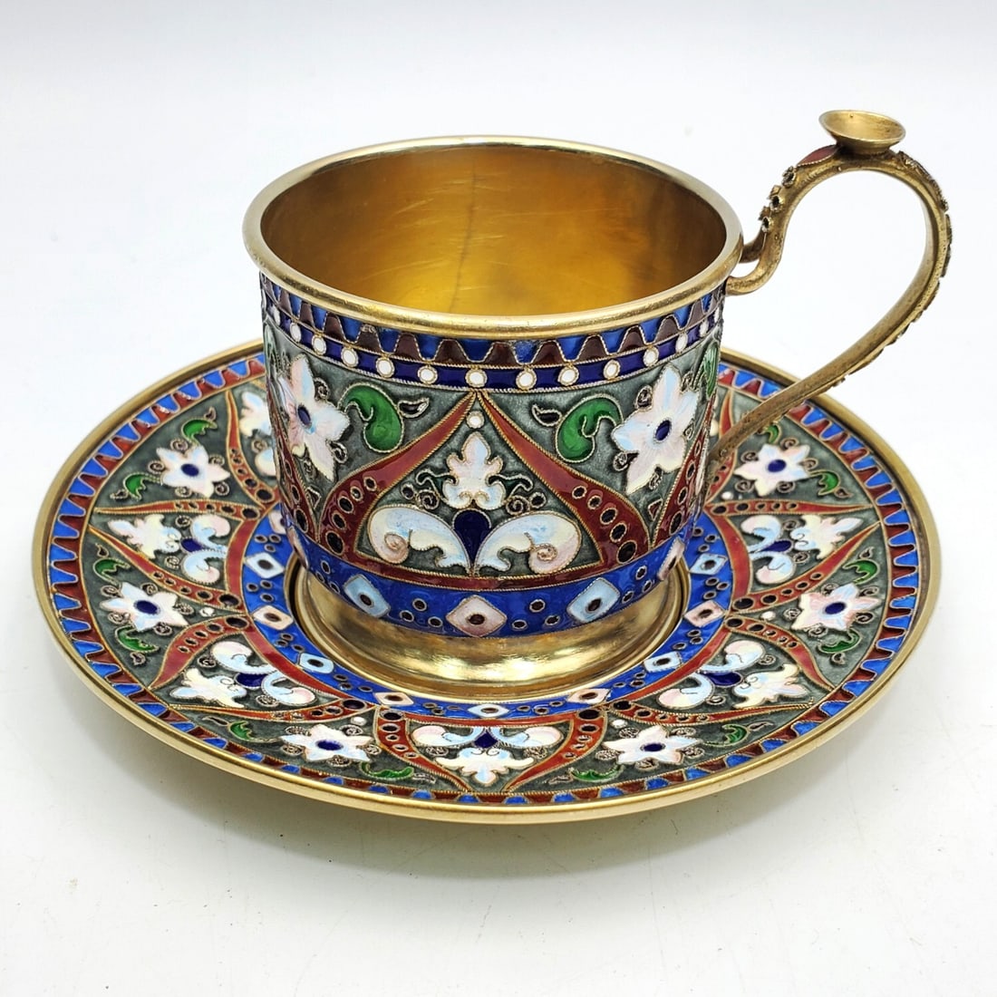 Russian Enameled & Gilt Silver Tea Cup & Saucer (1 of 7)