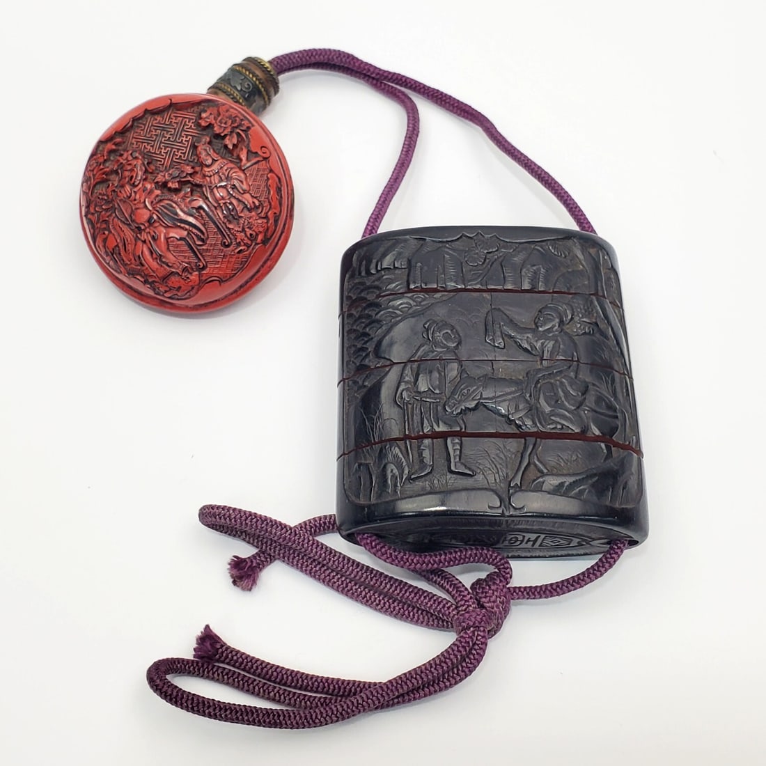 19th C. Japanese Meiji Lacquer & Cinnabar Inro: Rare 19th C. Japanese Meiji Large Black Lacquer & Carved Cinnabar Inro c.1890. Very Fine Detail. Condition: Generally Very Good. Dimensions: Total H-8.75". Provenance: From a Long Island, NY Home. Ple