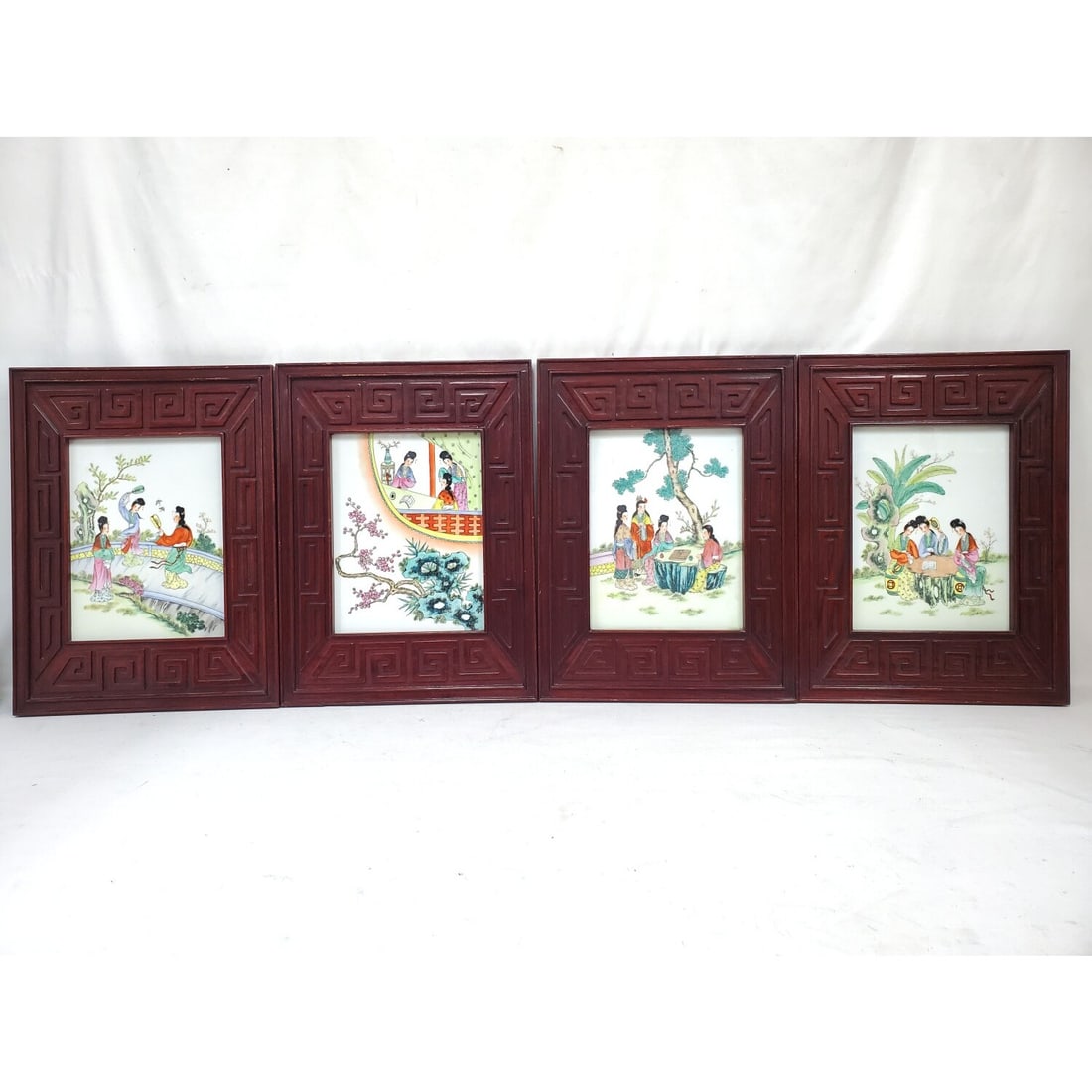 Lot of 4 Vintage Chinese Porcelain Framed Plaques: Lot of 4 Vintage Chinese Porcelain Plaques In Original Wood Frames. Condition: Generally Very Good. Dimensions: Sight-13.25" x 10". Frame-19.5" x 14.75". Provenance: From a Long Island, NY Home. Pleas