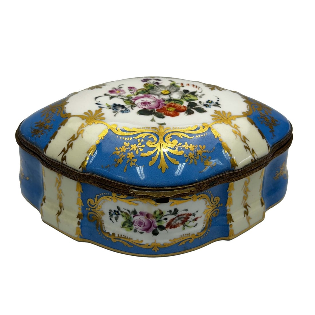 Vintage Sevres Style Hand Painted Porcelain Box: Vintage Sevres Style Hand Painted Porcelain Jewelry Box. Fully Marked. Condition: Excellent. Dimensions: L-8.6" x W-6.2" x H-3". Provenance: From a Long Island, NY Home. Please note the absence of a C