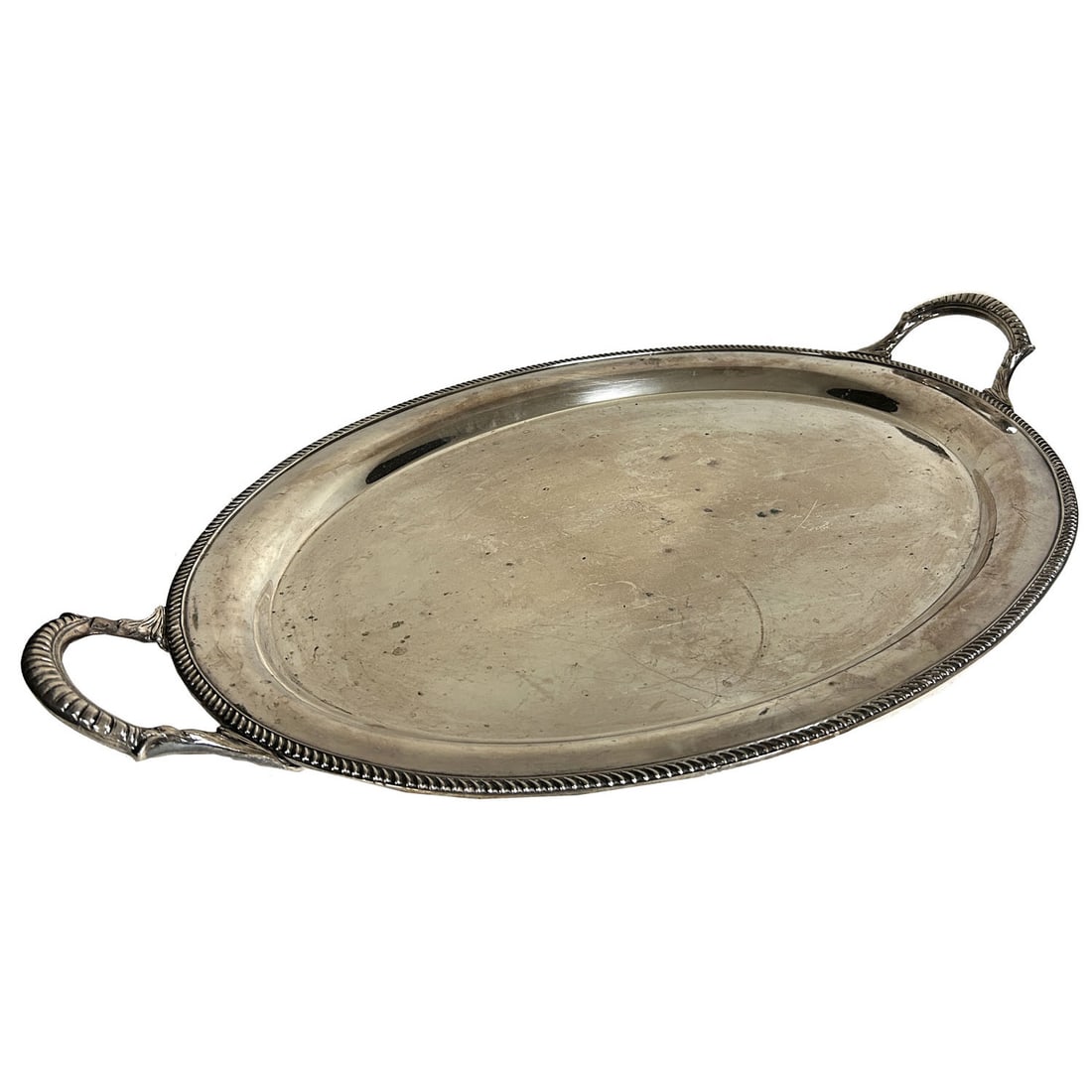 Antique Large Continental Silver-Plated Tray: Antique Large Continental Silver-Plated Tray w/ 2 Handles. Condition: Generally Good w/ Scratches. Dimensions: L w/ Handles-29" x W-18.75". Provenance: From a Long Island, NY Home. Please note the abs
