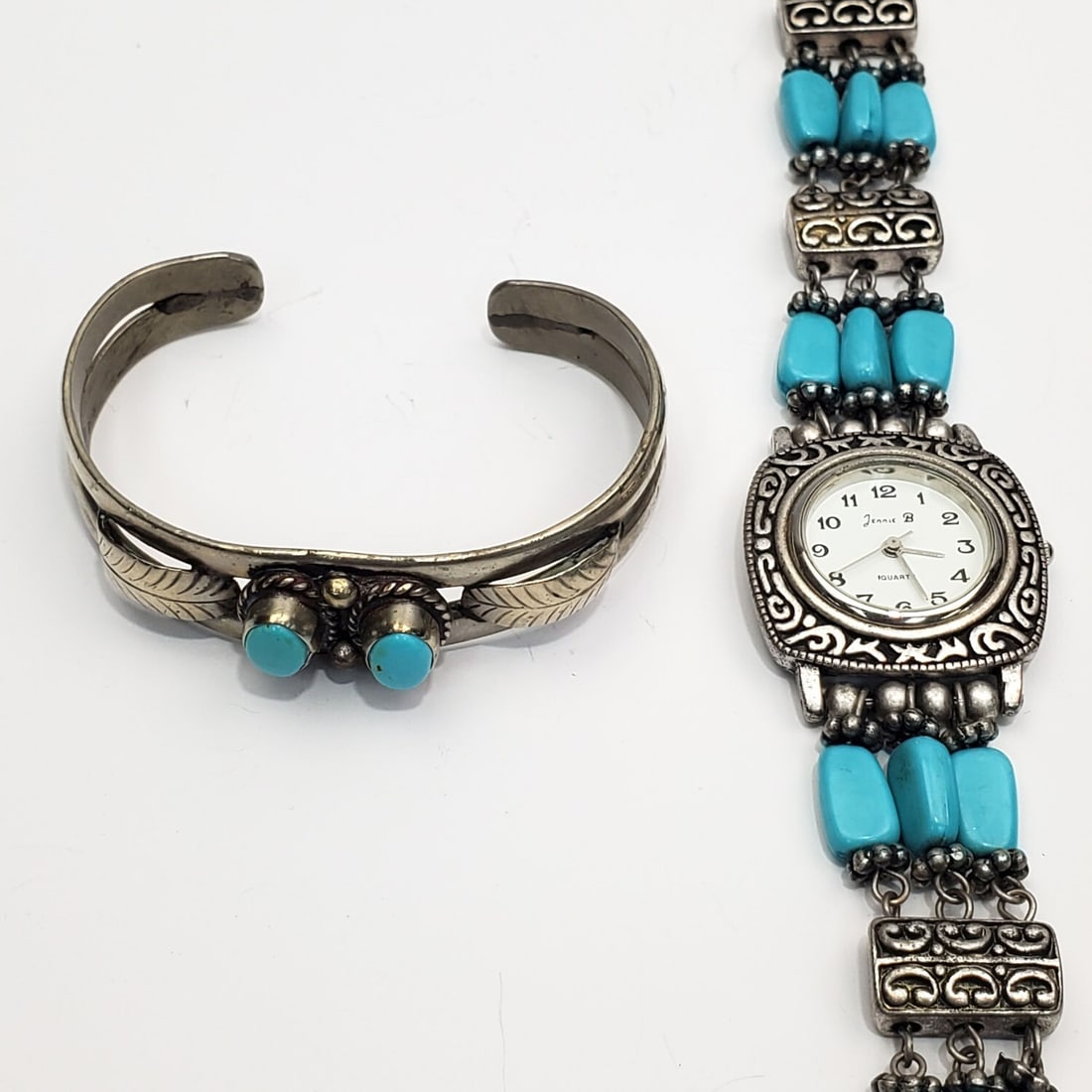 Sterling Silver & Turquoise Bracelet & 1 Other: Sterling Silver & Turquoise Bracelet Along w/ a Watch. Bracelet is Fully Marked. Condition: Generally Very Good. Dimensions: Bracelet Dia-2.25". Watch L-8". Gross Weight (Bracelet) .72ozt. / 22.3g. Pr