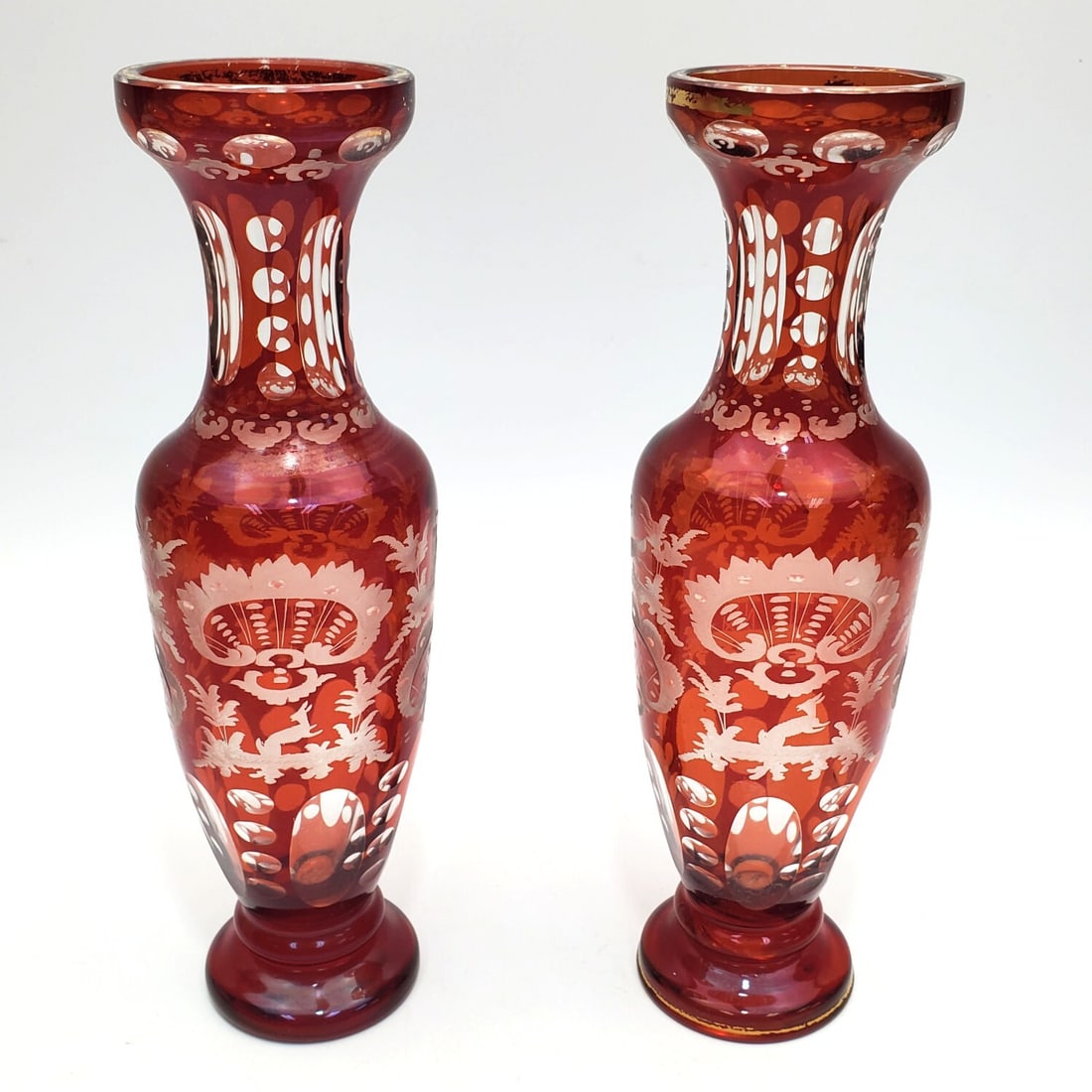 Pair of Bohemian Ruby Red Overlay Glass Vases (1 of 3)