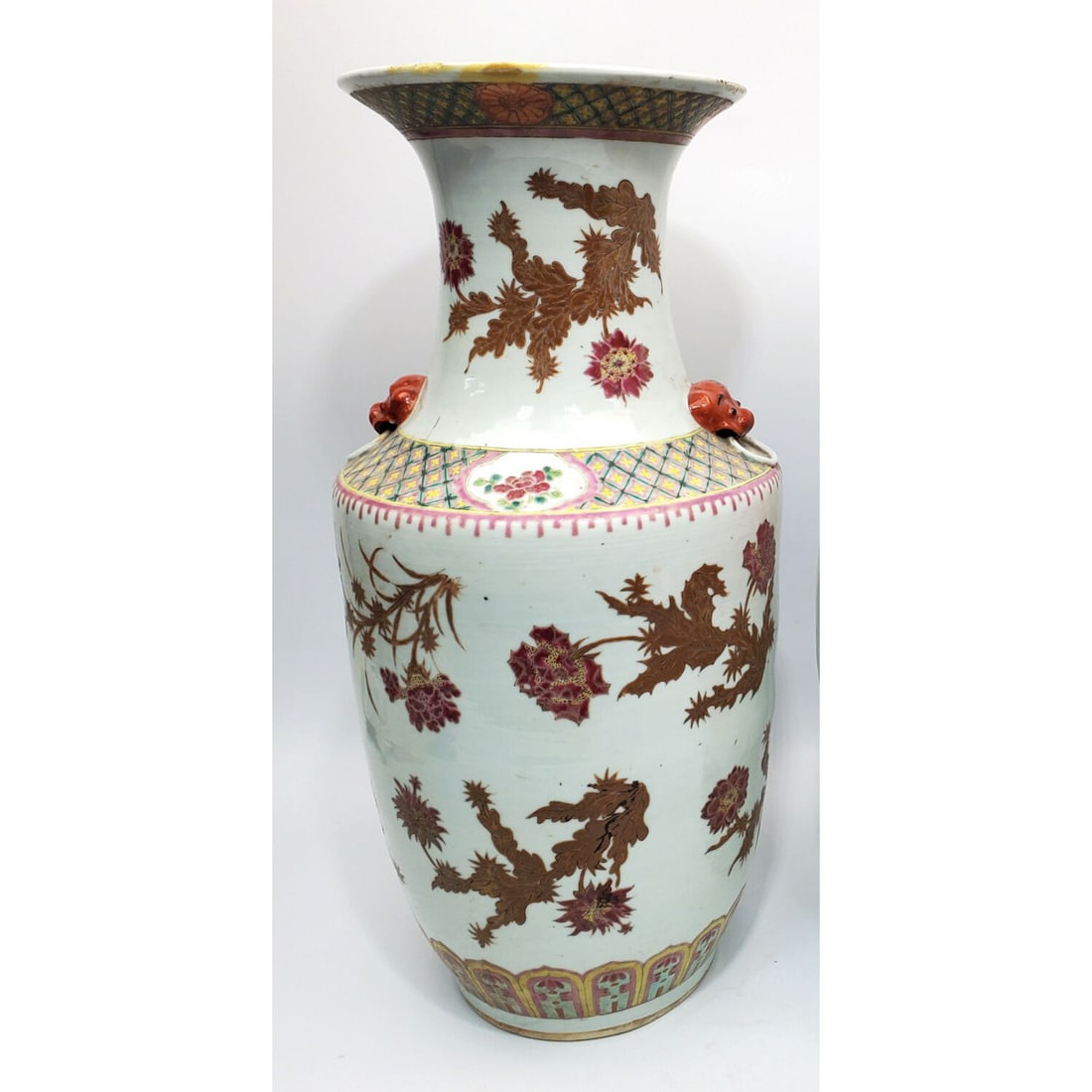 Antique Chinese Signed Famille Rose Porcelain Vase: Antique Chinese Signed Porcelain Vase w/ Famille Rose Decorations. Condition: Generally Good w/ Restorations & Minor Chips on The Rim. Sold As Is. Dimensions: H-17.75" x Dia-8.25". Provenance: From a 
