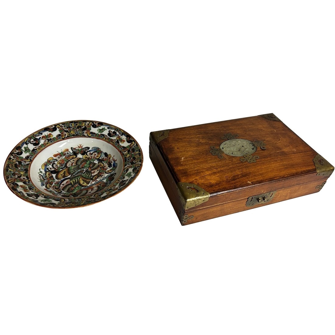 Lot of 2 Chinese Items Incl. Painted Bowl & Box: Lot of 2 Chinese Items Including a Hand-Painted Bowl and a Wooden Jewelry Box. Condition: Generally Very Good. Dimensions: Box L-12" x W-8" x H-2.75". Provenance: From a Long Island, NY Home. Please n