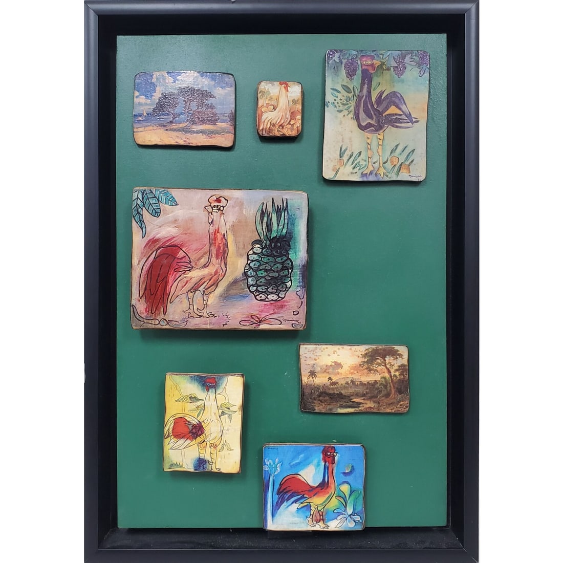 Framed "Gallery Wall" Artwork of Roosters: Framed "Gallery Wall" Artwork of Roosters & Landscapes. Prints on Board. Condition: Generally Good. Dimensions: Sight H- 21" x W- 14" Frame H- 23.5" x W- 16.5". Provenance: From a Long Island, NY Home
