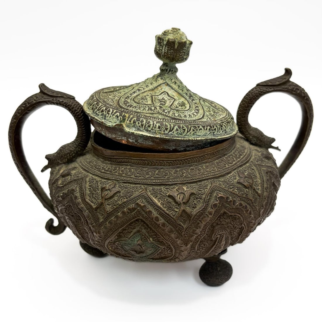 Heavy Copper Lidded 2 Handle Box: Heavy Copper Lidded 2 Handle Box. Probably Indian. Condition: As Found. Lid Does Not Fit Into Top.Dimensions: H- 5.5" x L- 7.5". Provenance: From a Long Island, NY Home. Please note the absence of a C