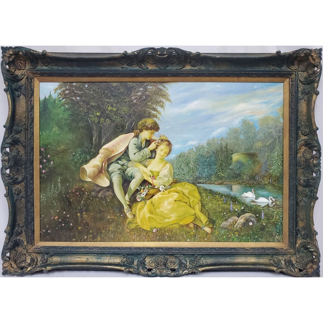 Oil Painting Reproduction The Four Seasons: Spring: Reproduction of "The Four Seasons: Spring" Painting Oil on Canvas Originally By Francois Boucher in 1755. Signed Lower Right. In Original Frame. Condition: Generally Good. Dimensions: Sight W- 36" x H