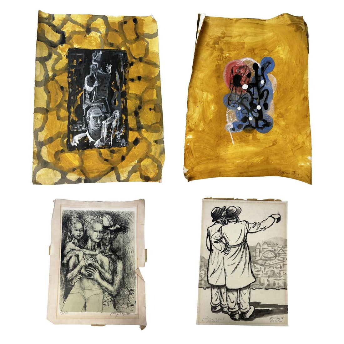 Lot of 4 Artworks on Paper- 3 Paintings & 1 Litho: Lot of 4 Artworks on Paper Including 3 Paintings & 1 Lithograph. Some are Signed. All are Unframed. Condition: Generally Very Good w/ Fraying to Some Edges Due to Age. Dimensions: Largest L-30" x W-22