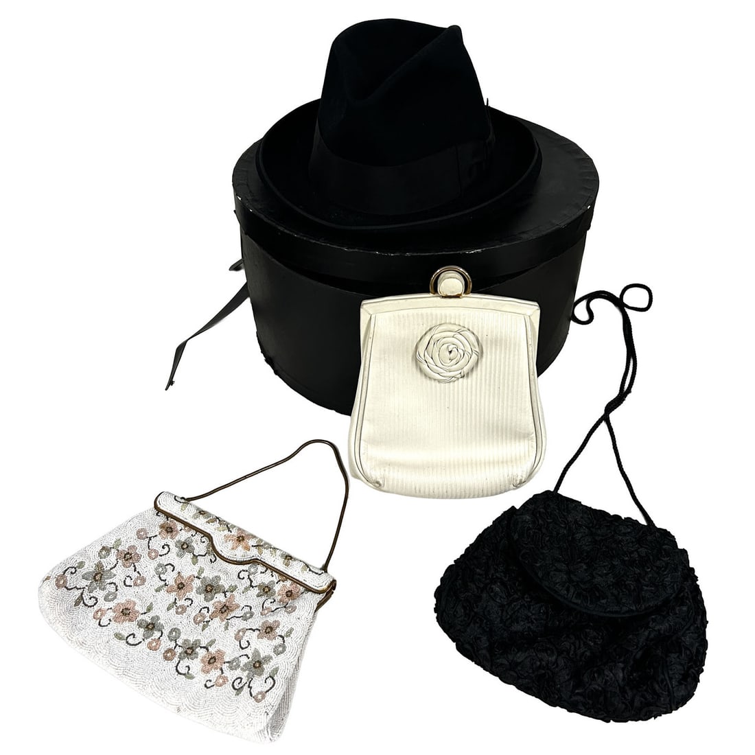 Lot of Vintage Accessories Incl. a Cavanagh Hat: Lot of Vintage Accessories Including a John Cavanagh Hat in a Hat Box and 3 Purses Including 1 by Susan Gail, 1 by Carolyne Barton, & 1 Hand Made in France. Condition: Generally Good w/ Some Wear Due 