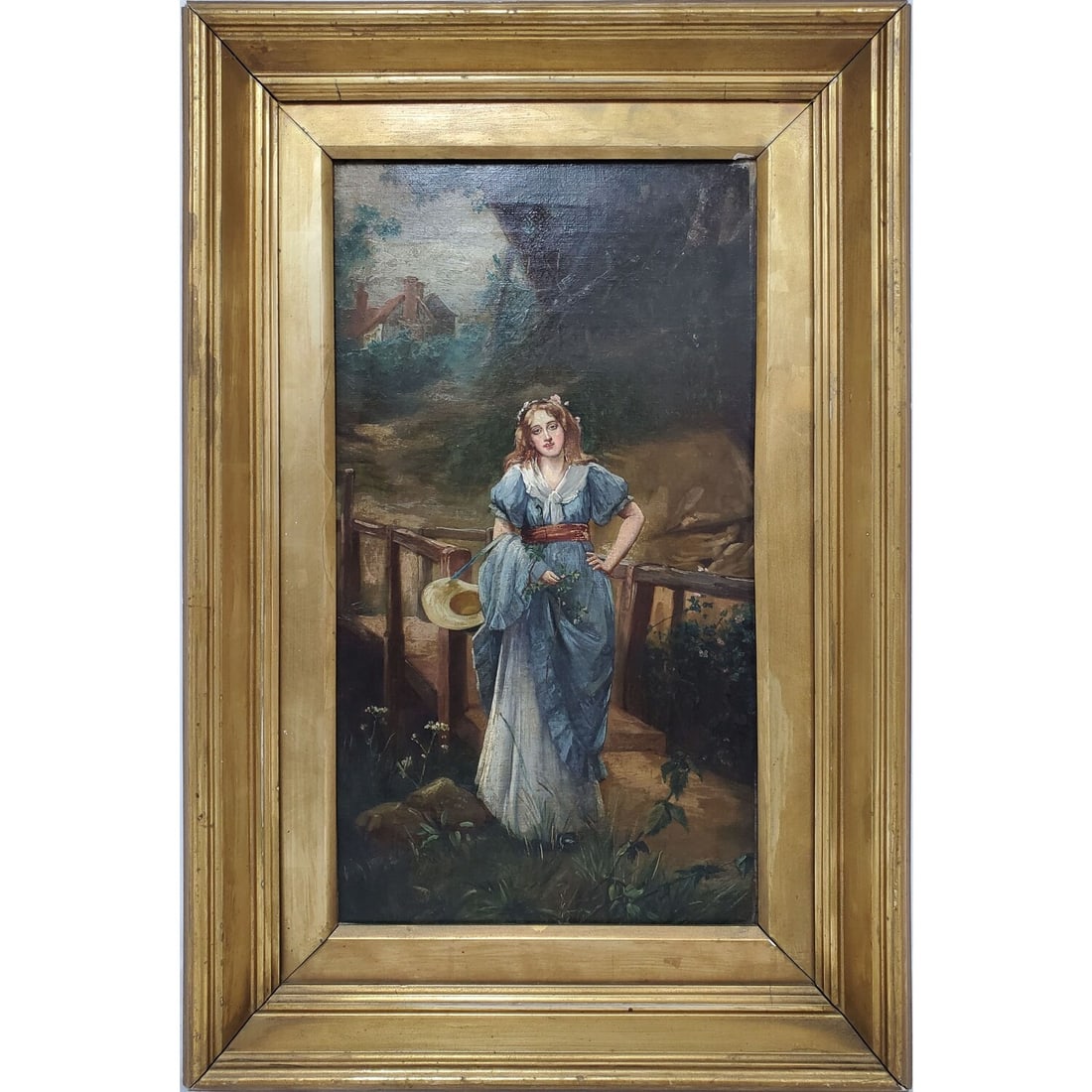 Antique 19th C. Painting Oil on Canvas: Antique 19th C. Painting Oil on Canvas "Girl on a Little Bridge". In Original Frame. Condition: Generally Good. Dimensions: Sight-18" x 10". Frame-24" x 16". Provenance: From a Long Island, NY Home. P