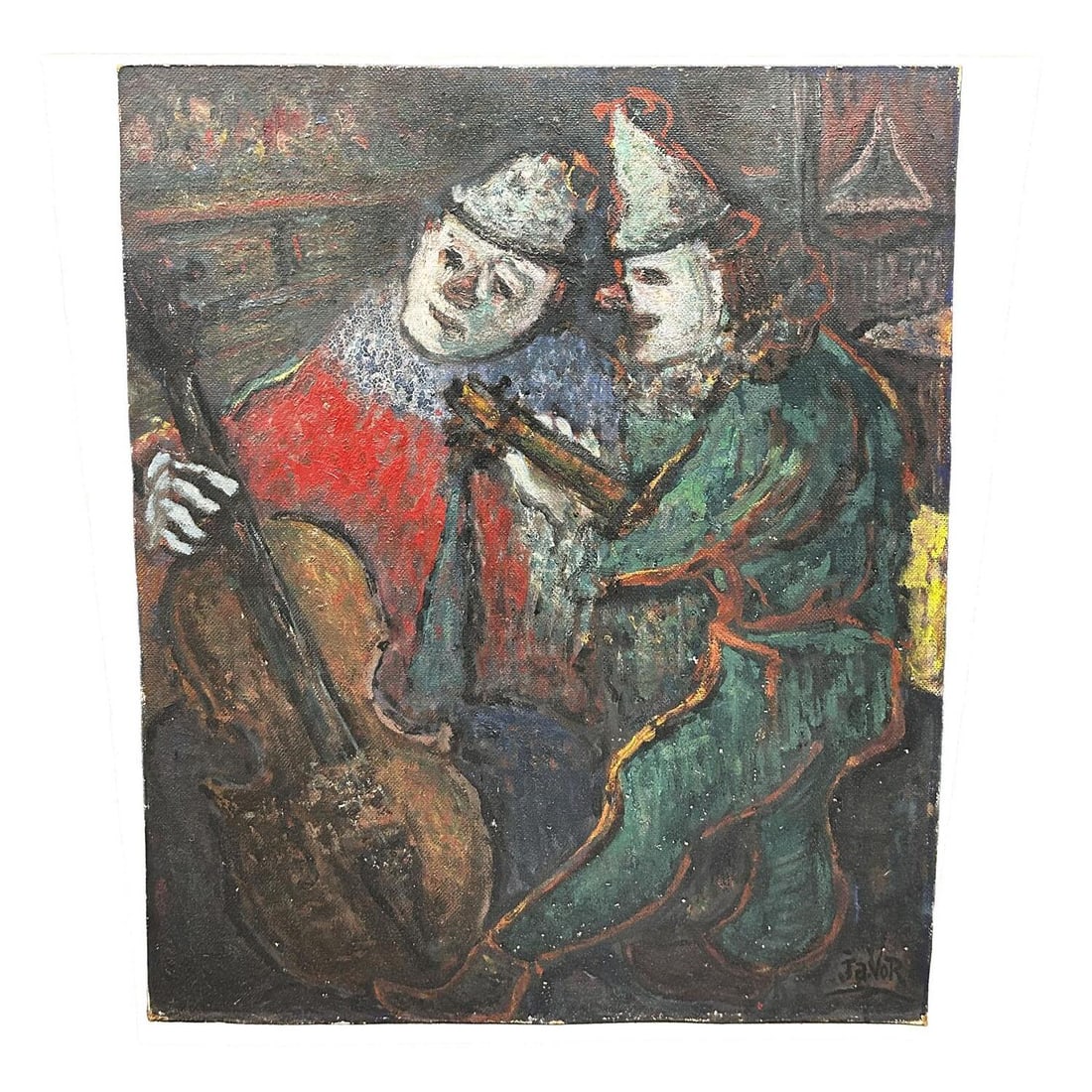 Vintage Painting, Oil on Board "2 Clowns" by JaVor: Signed Vintage Painting, Oil on Board "Two Clowns". Appears to be Signed "Ja. Vor" Lower Right. Unframed. Condition: Generally Very Good. Dimensions: Sight-28.75" x 23.5". Provenance: From a Long Isla