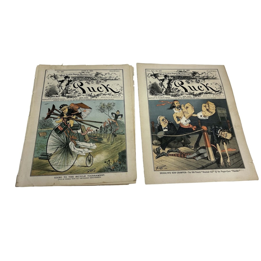 Lot of 2 Antique Puck Magazines: Lot of 2 Antique Puck Magazines - April 25, 1883 and June 6, 1883. Published by Keppler & Schwarzmann, New York. Condition: Generally Good. Sold As Is, As Found. Dimensions: Each 10.25" x 13.5". Prove