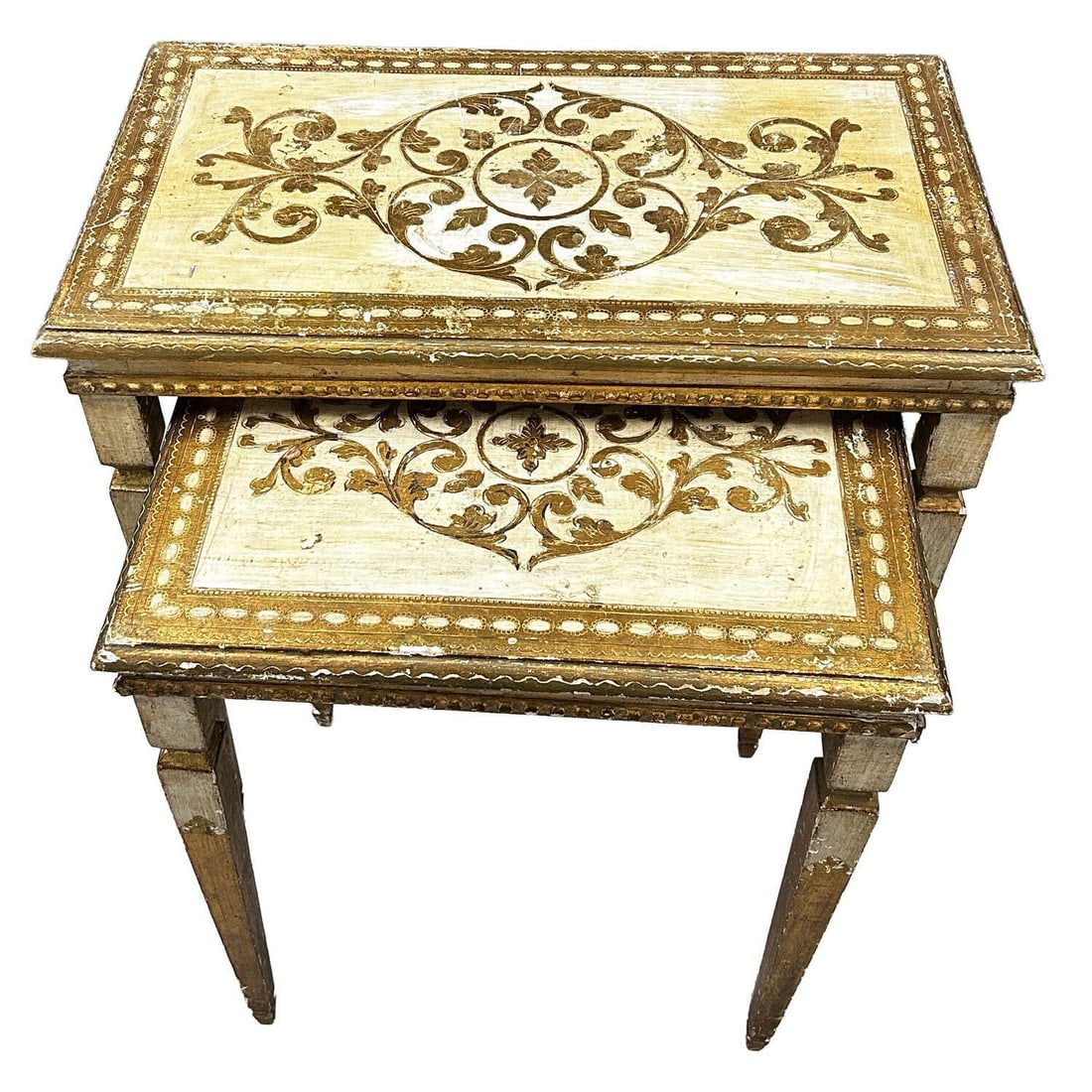 Set of 2 Vintage MidCentury Painted Nesting Tables: Set of 2 Vintage Mid-Century Painted Nesting Tables. Condition: Sold As Is w/ Lots of Paint Loss. Dimensions: Larger Table H-22.5" x L-22.5" x W-12.5". Provenance: From a Long Island, NY Home. Please 