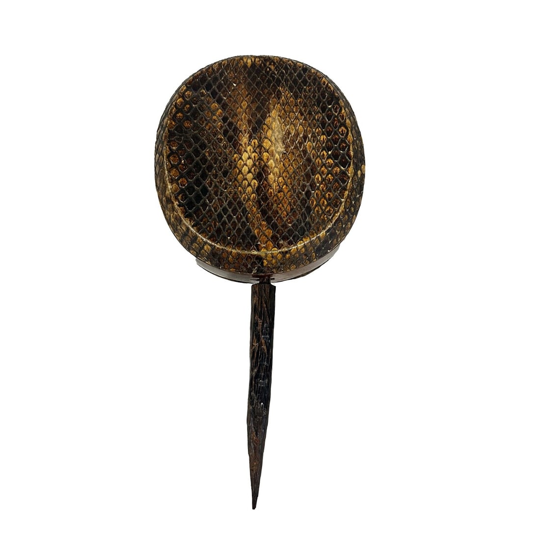 Old Snake Skin Musical Instrument w/ Spike: Old Snake Skin Musical Instrument w/ Removable Spike. Condition: Sold As Is. Dimensions: L-12.75" x W-6.25" x Depth-2.75". Provenance: From a Long Island, NY Home. Please note the absence of a Conditi