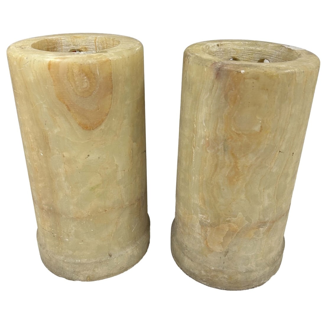 Pair of Old Chinese Marble Cylinders / Lamp Shades: Pair of Old Chinese Carved Marble Cylinder Columns, Possibly Used as Lamp Shades. Very Heavy. Condition: Generally Good. Sold As Is.Dimensions: Each H-16" x Dia-9". Provenance: From a Long Island, NY 