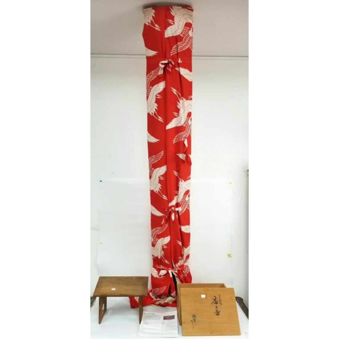 Large Old Japanese Koto Musical Instrument: Large Old Japanese Koto Musical Instrument. In Original Cloth Bag. Along w/ Wooden Stand & BoxCondition: Generally Good. Box Is Broken & Needs to Be Reglued. Sold As Is. Dimensions: H-73". Provenance: