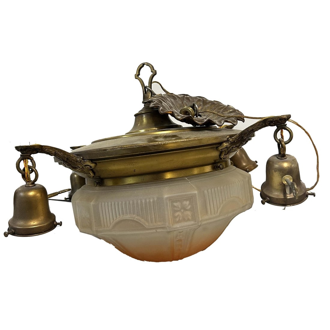 Antique Brass Chandelier w/ Frosted Glass Shade (1 of 3)