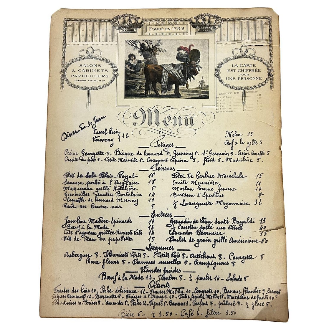 Antique 19th Century Handwritten Restaurant Menu (1 of 2)