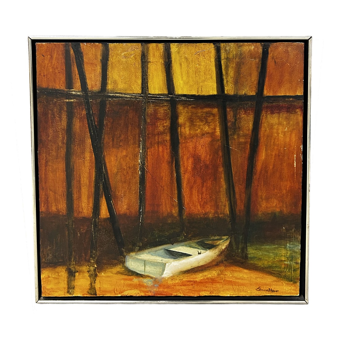 Frank R Carmelitano, American (1935-2003) Painting: Frank R. Carmelitano, American (1935-2003) Painting, Oil on Canvas "Dock Scene". Framed. Condition: Generally Good w/ Some Paint Losses, Mostly to the Edges. Dimensions: Sight-24" x 24". Frame-25.5" x