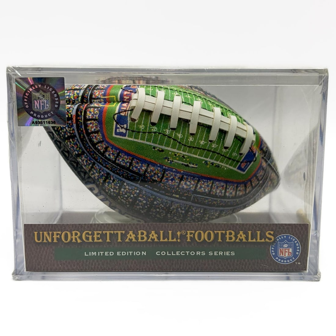 NY Giants Unforgettable Footballs Collectors Item: New York Giants 1999 Unforgettable Footballs Limited Edition Collectors Series Mini Football. In Original Case Unopened. Condition: Generally Good. Sold As Is. Dimensions: L- 6.75" x H- 4.75" x W- 4.7
