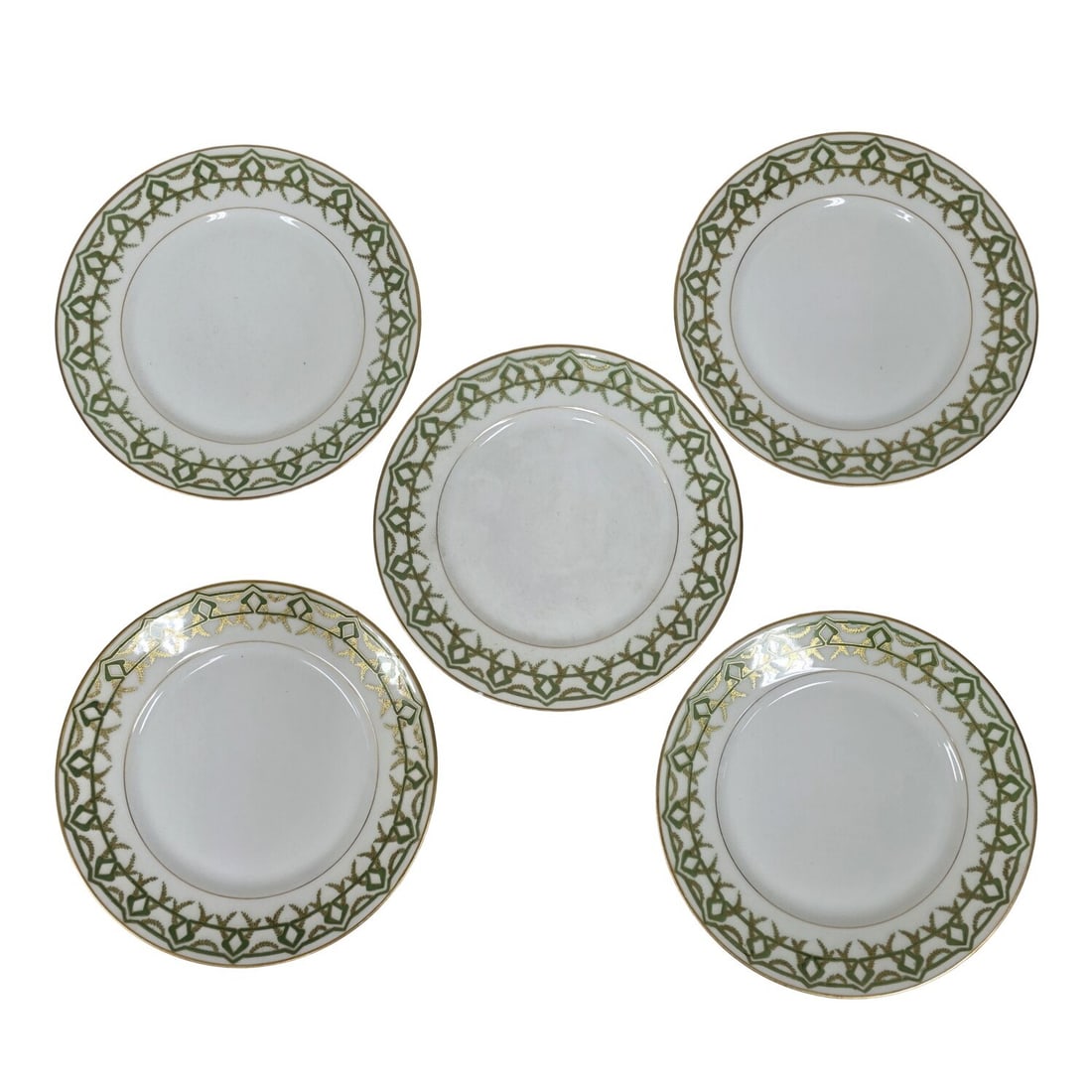 5 Piece Art Deco Limoges Plate Set: 5 Piece Art Deco Limoges Plate Set. Condition: Generally Good. 1 Plate Has A Small Chip Along The Edge. Dimensions: Dia- 9" Each. Provenance: From a Long Island, NY Home. Please note the absence of a 