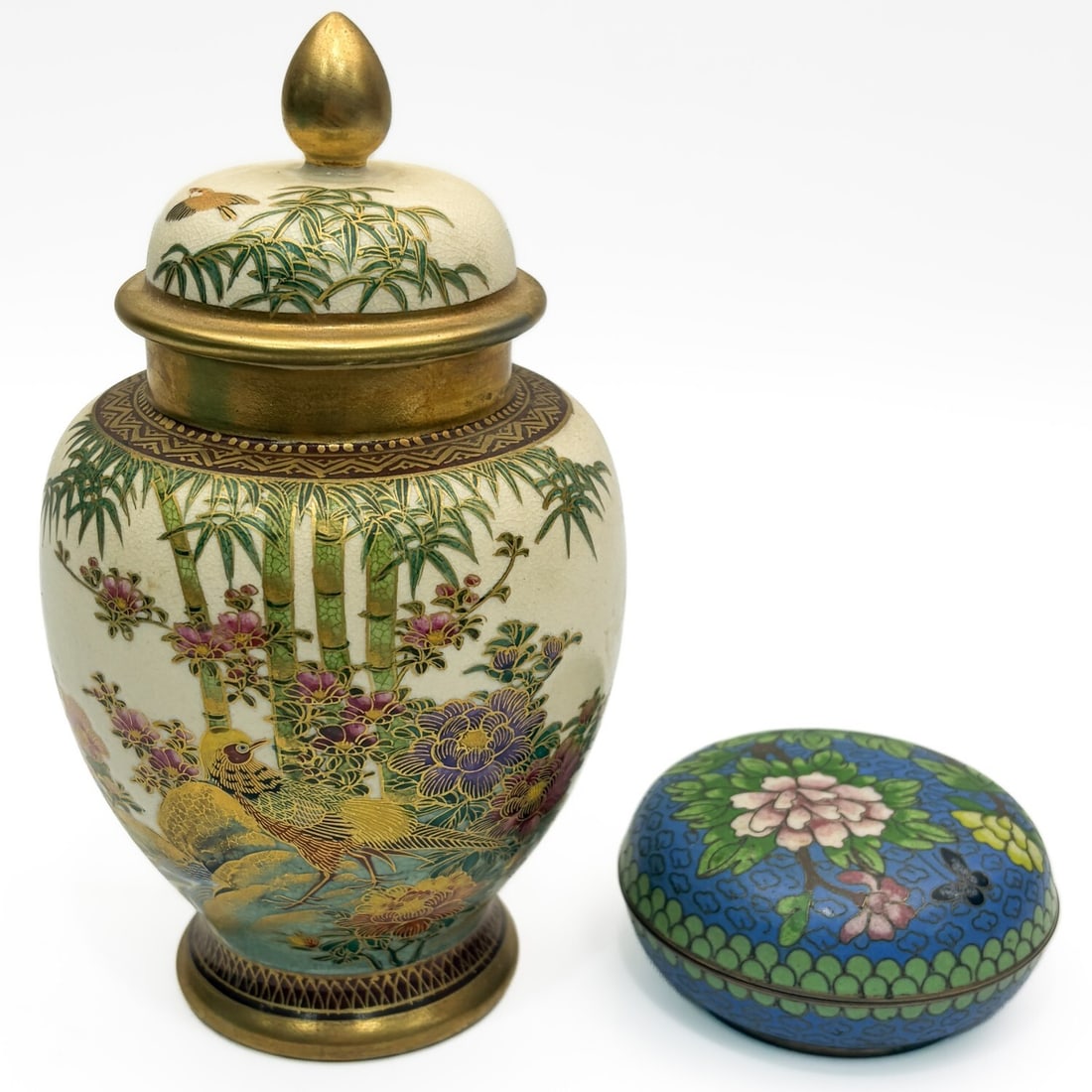 Japanese Satsuma Porcelain Signed Covered Jar: Japanese Satsuma Porcelain Signed Covered Jar Along w/ a Chinese Cloisonne Small Covered Round Box. Condition: Generally Good. Dimensions: Larger-Jar-H-7" x Dia-4.5". Provenance: From a Long Island, N