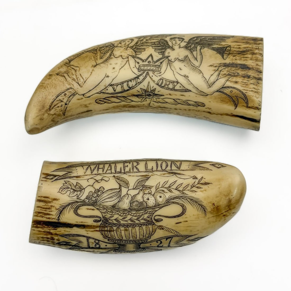 2 Reproduction Scrimshaws: 2 Reproduction Scrimshaws. Condition: Generally Good. Dimensions: Larger-L-4.5". Provenance: From a Westchester County, NY Home. Please note the absence of a Condition Report does not imply that