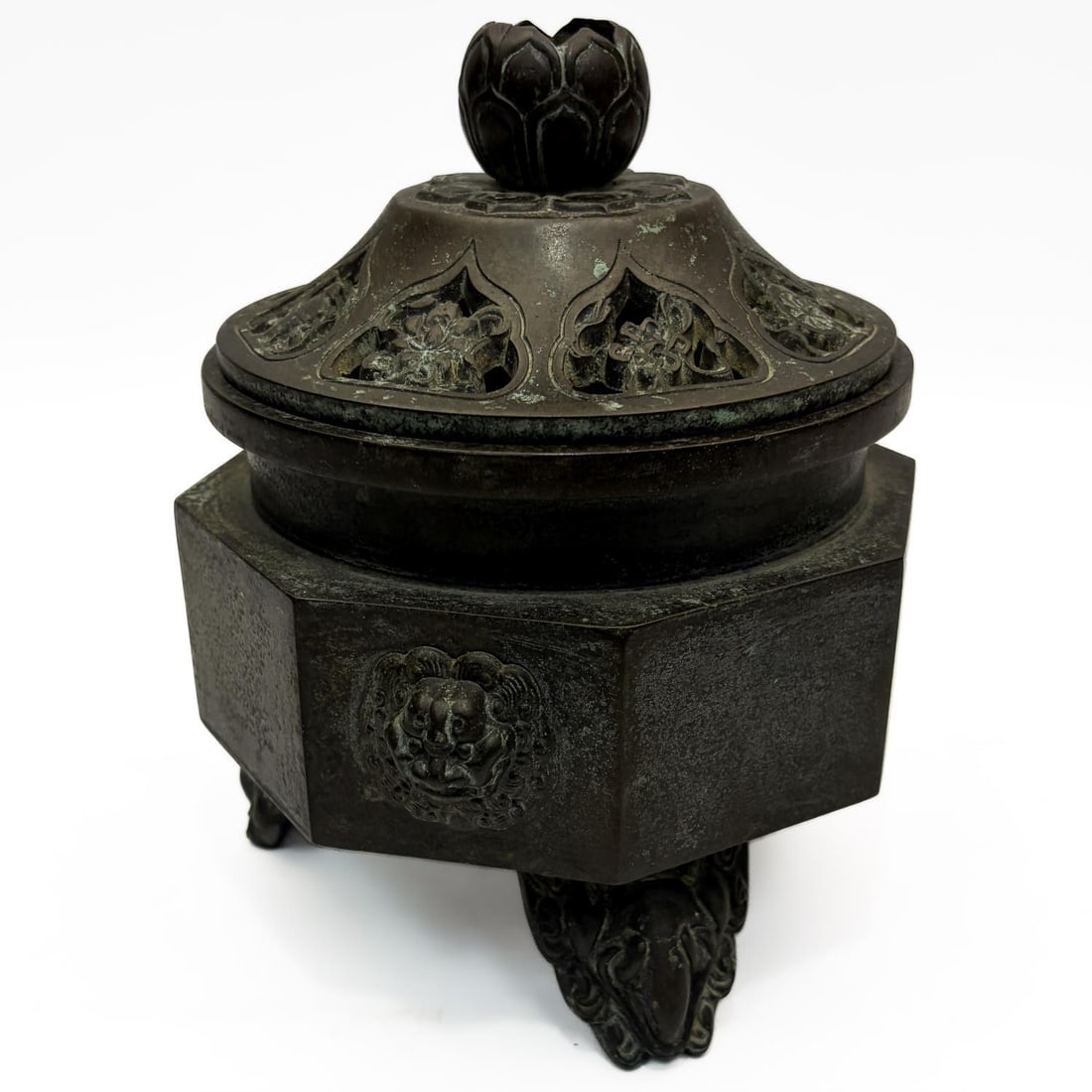 Chinese Bronze Incense Burner w/ Lotus Finial: Chinese Bronze Incense Burner w/ Lotus Finial. Condition: Generally Good. Dimensions: Total H-7.25" x Dia-5.5". Provenance: From a Long Island, NY Home. Please note the absence of a Condition Report d