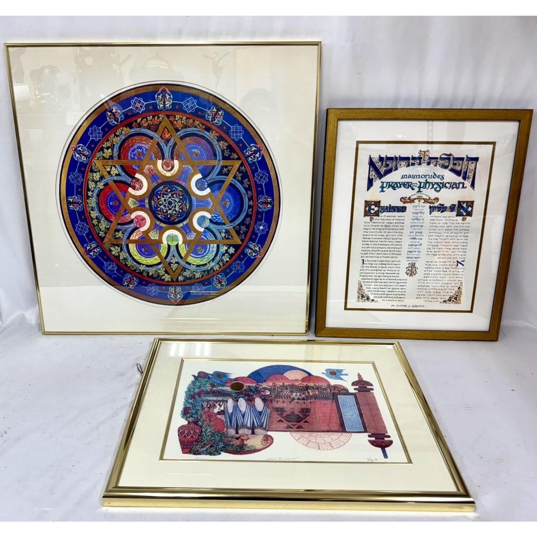 Lot of 3 Judaica Prints: Lot of 3 Judaica Prints. All Framed Under Glass. Not Examined Out of Frames. Condition: Excellent. Dimensions: Largest Sight Dia- 22", Frame- 28" x 28". Provenance: From a New Jersey Home. Please note