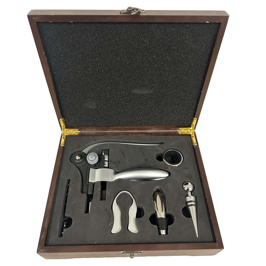 Corkscrew Wine Bottle Opener & Accessories Set: Corkscrew Wine Bottle Opener & Accessories Set. In Original Fitted Box. Condition: Generally Very Good. The Box Has Some Scratches. Dimensions: Box L-10.75" x W-8.75" x Depth-3". Provenance: From a Lo
