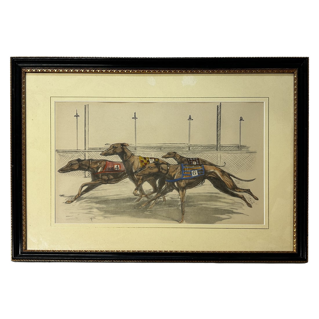 Vintage Framed Colored Print "Greyhounds Racing" (1 of 1)