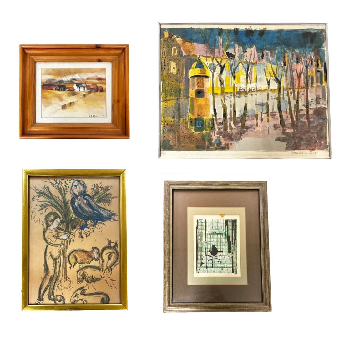 Lot of 4 Framed Artworks Incl. 2 Lithos & 2 Prints: Lot of 4 Framed Artworks Including 2 Lithographs & 2 Prints. One Lithograph is by Georges Lambert & One is by Charles Brant. One Print is of a Marc Chagall & One is of a Hugh Brandon-Cox. All are Fram