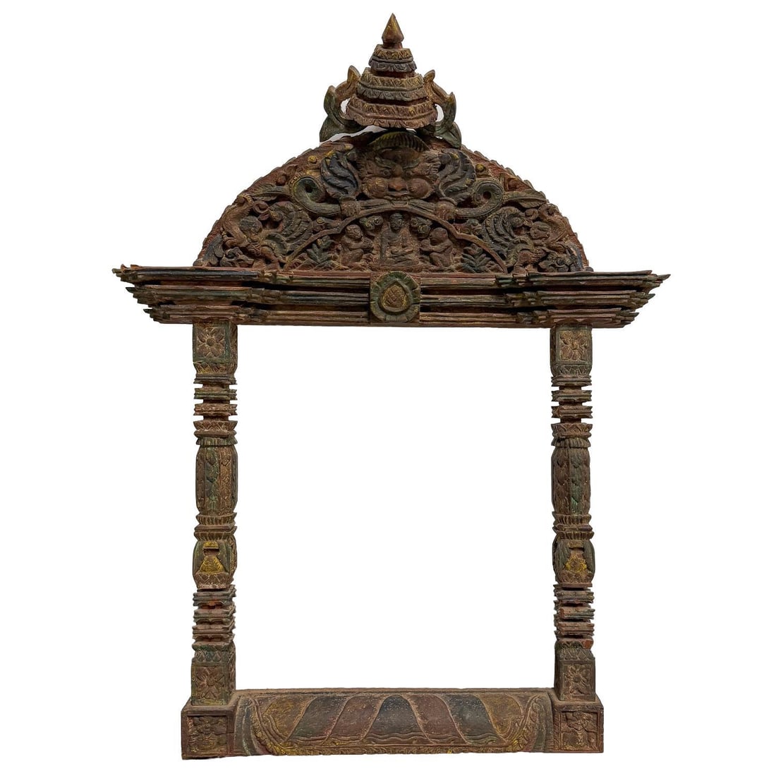 Old Unusual Probably Thai Hand Carved Wood Frame: Old Unusual Probably Thai Hand Carved & Decorated Multicolor Wooden Frame. Condition: All Frames are Sold As Is w/ Losses. Dimensions: Total H-28" x W-22". Provenance: From a Long Island, NY Home. Ple