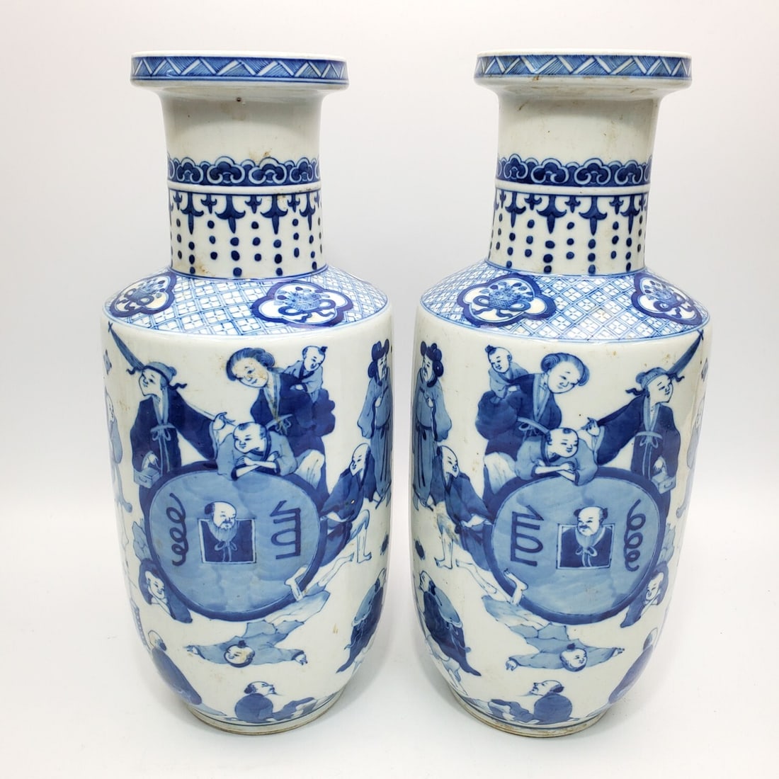 Chinese Pair of Blue & White Porcelain Vases: Chinese Pair of Blue & White Porcelain Vases. Condition: Generally Good. Dimensions: H-14" x Dia-6". Provenance: From a Long Island, NY Home. Please note the absence of a Condition Report does not imp