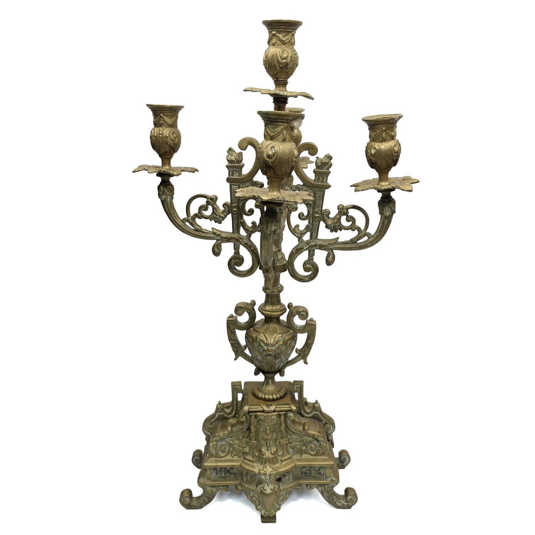 Vintage Rococo Style Brass 5-Arm Candelabra: Vintage Rococo Style Brass 5-Arm Candelabra. Condition: Generally Good. As Found. Dimensions: H-22" x W-12". Provenance: From a Long Island, NY Home. Please note the absence of a Condition Report does