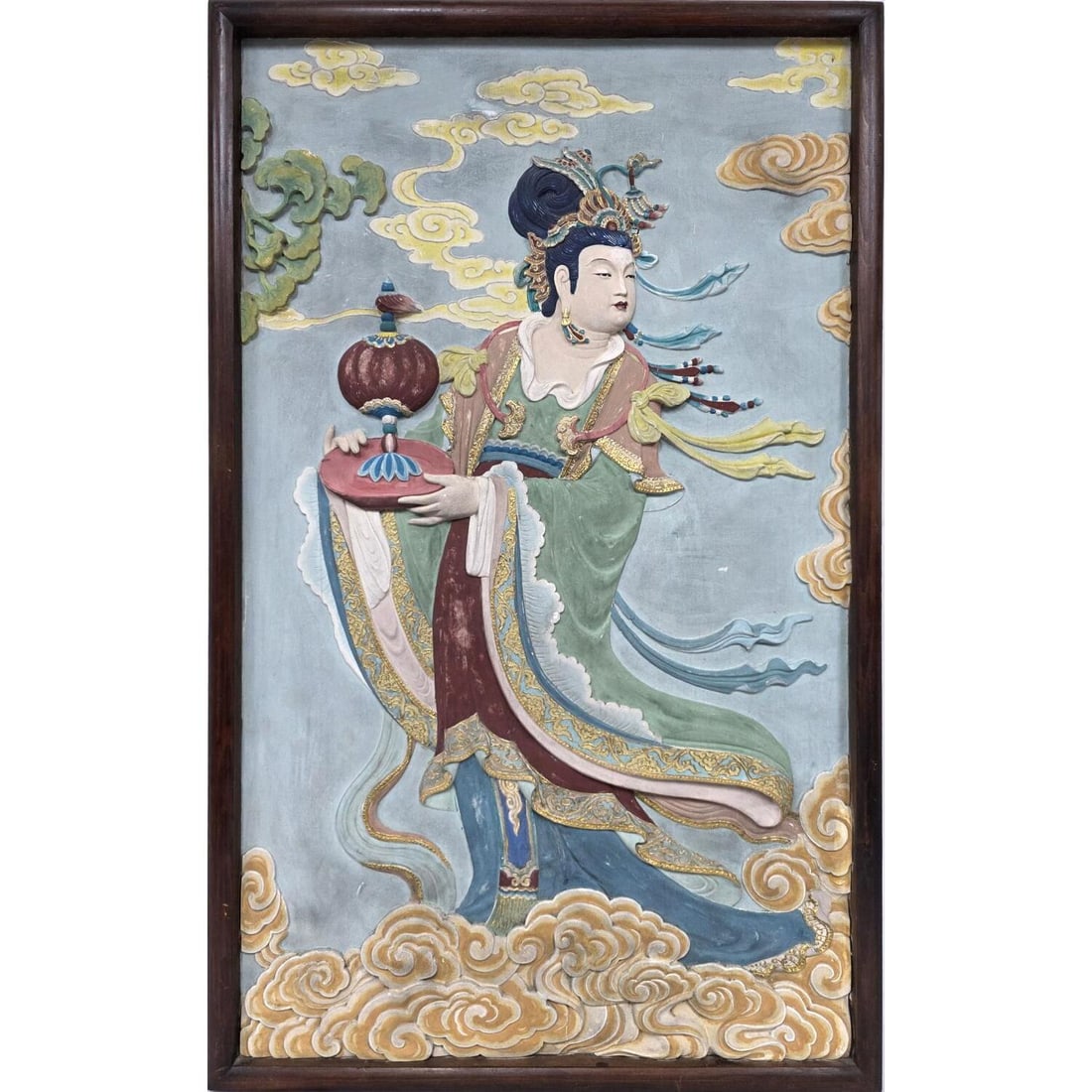 Chinese Vintage Large Painted Stucco Relief Panel: Chinese Vintage Large Painted Stucco Relief Panel of a "Goddess". In Original Frame. Condition: Generally Good. Dimensions: Sight-39.25" x 23.75". Frame-41.75" x 25.75". Provenance: From a Long Island