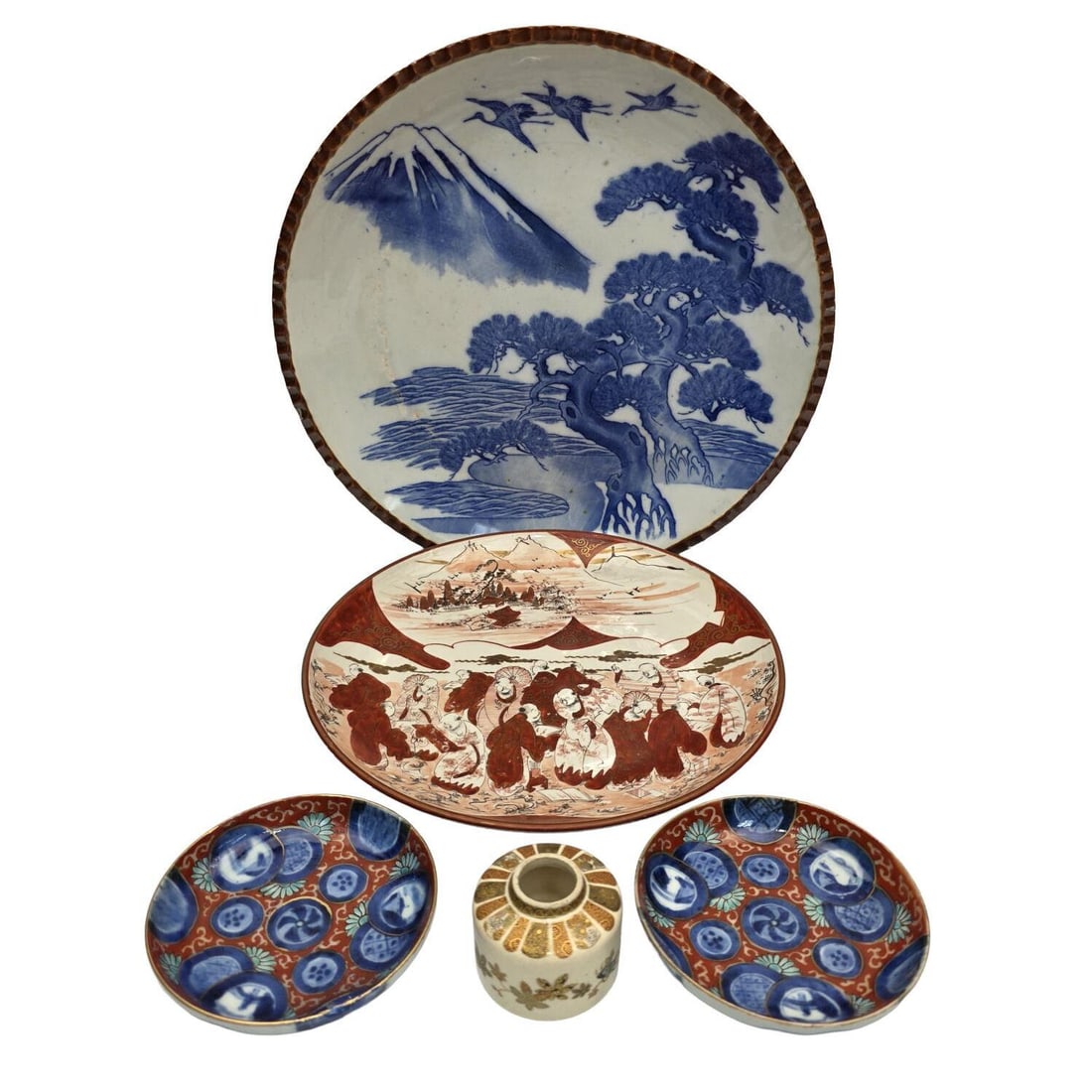 5 Japanese Antique Porcelain Items: 5 Japanese Antique Porcelain Items Including 2 Plates, 2 Small Saucers & 1 Small Satsuma Item. Condition: Generally Good. Dimensions: Largest-Dia-12.2". Provenance: From a Long Island, NY Home. Please