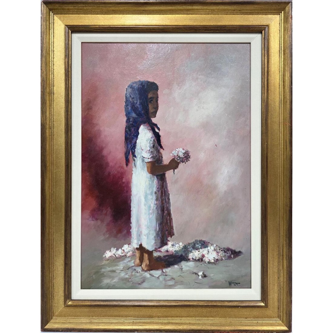 William Weintraub (American ,1926-1991) Painting: William Weintraub (American ,1926-1991) Painting Oil on Canvas "Girl With Flowers" Signed Lower Right & Dated 59. Beautifully Framed. Condition: Excellent. Dimensions: Sight- H- 26" x W- 18 Frame- 32.