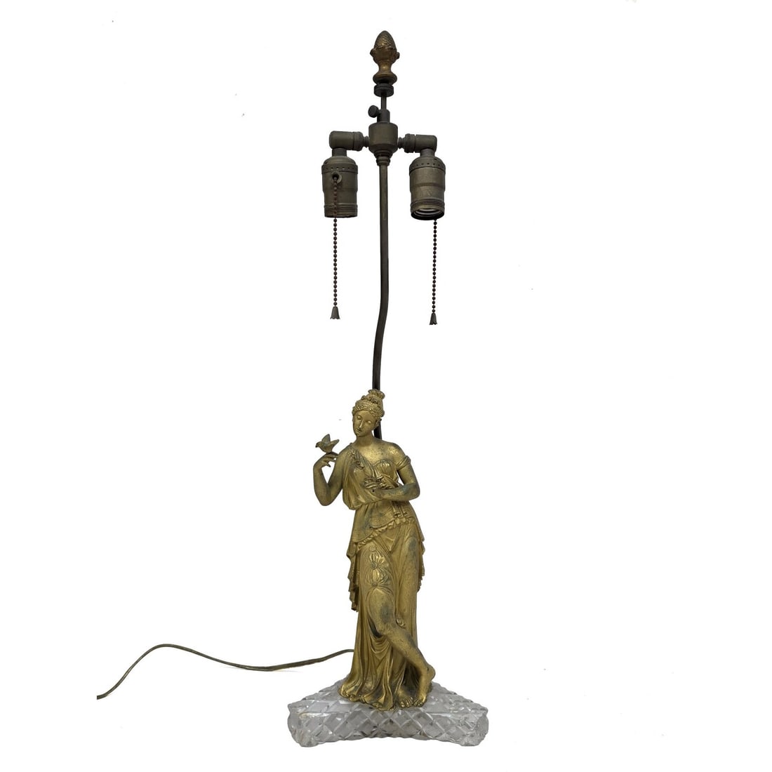 Antique Empire Style Dore Gilt Bronze Figure Lamp: Antique Empire Style Dore Gilt Bronze Figure Mounted on a Crystal Base. Made Into a Lamp. Condition: As Found. Please Note- We Do Not Guarantee the Workability or Wiring of Any Lamps. Dimensions: Figu