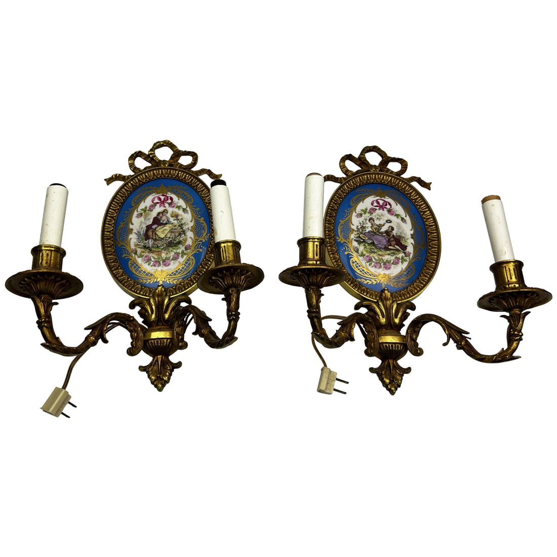 Antique Pair French Sevres Style Porcelain Sconces: Antique Pair of French Sevres Style Porcelain 2-Arm Wall Sconces.Condition: Generally Good. Please Note- We Do Not Guarantee the Workability or Wiring of Any Lamps. Sold As Found. Dimensions: Each-H-1