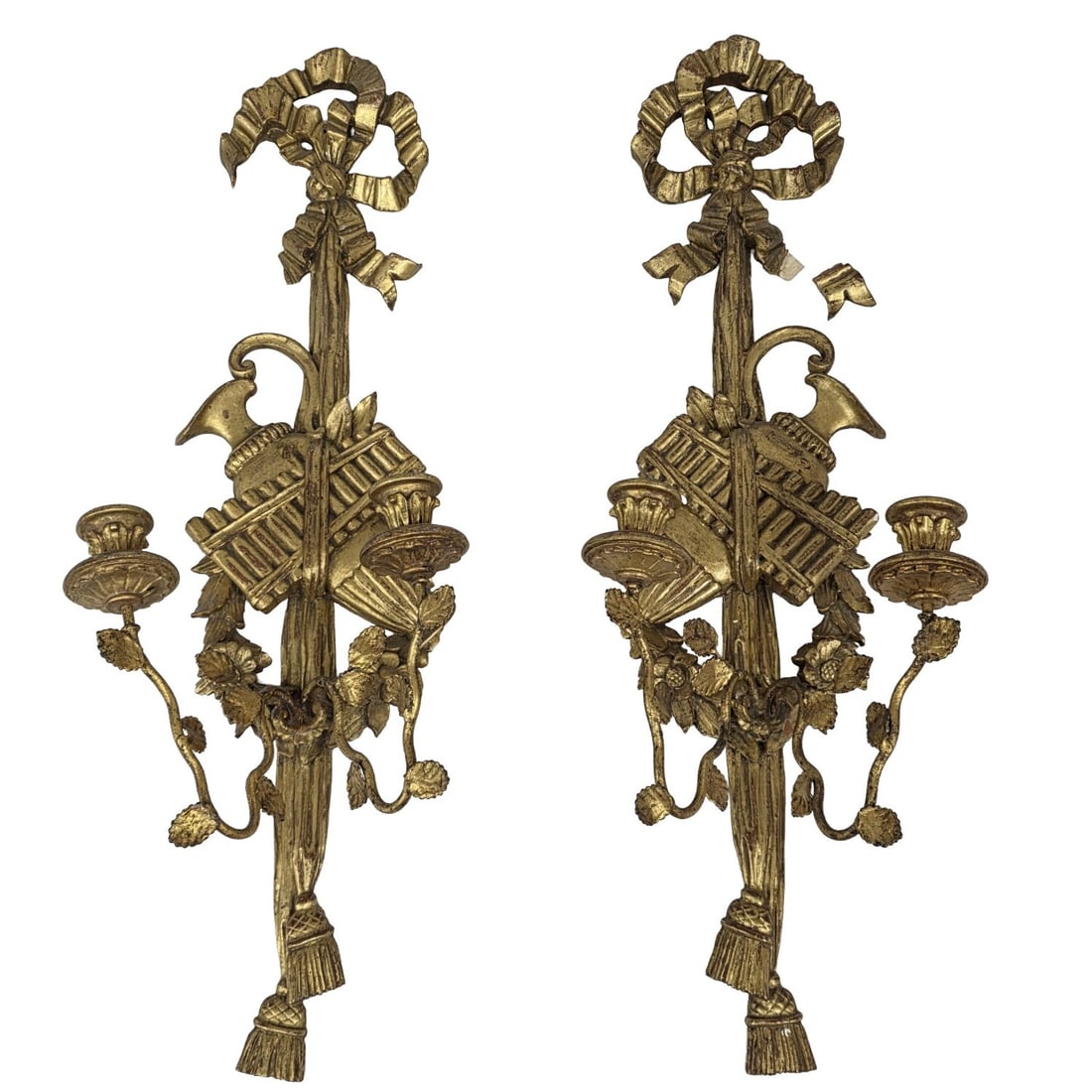 Pair Italian Carved Gilt Wood Candelabra Sconces: Pair of Italian Carved Gilt Wood Candelabra Wall Sconces c. Early 20th C. Condition: As Found w/ Missing Pieces.Dimensions: H-29". Provenance: From a Long Island, NY Home. Please note the absence of a